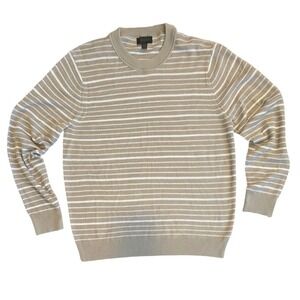MAGASCHONI MAN Mens Large Tan White Stripe Crewneck Sweater Pullover Long Sleeve